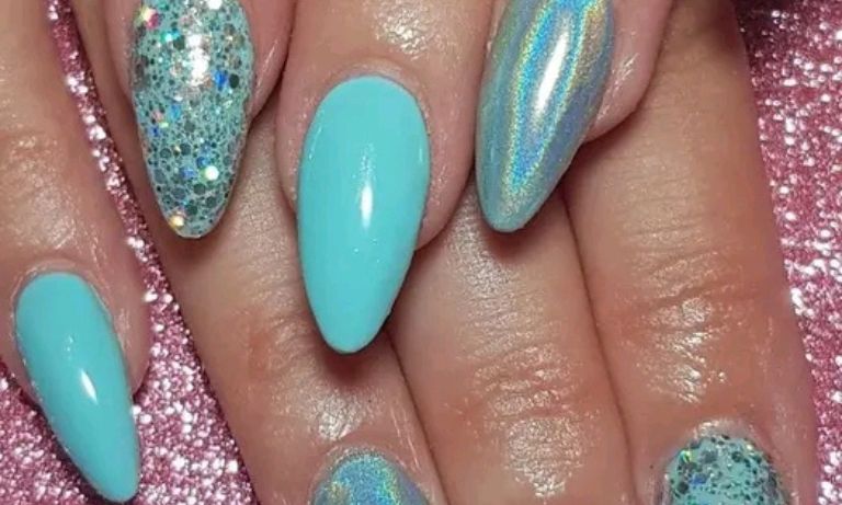 Image of Aqua Blue Nails with Glitter
