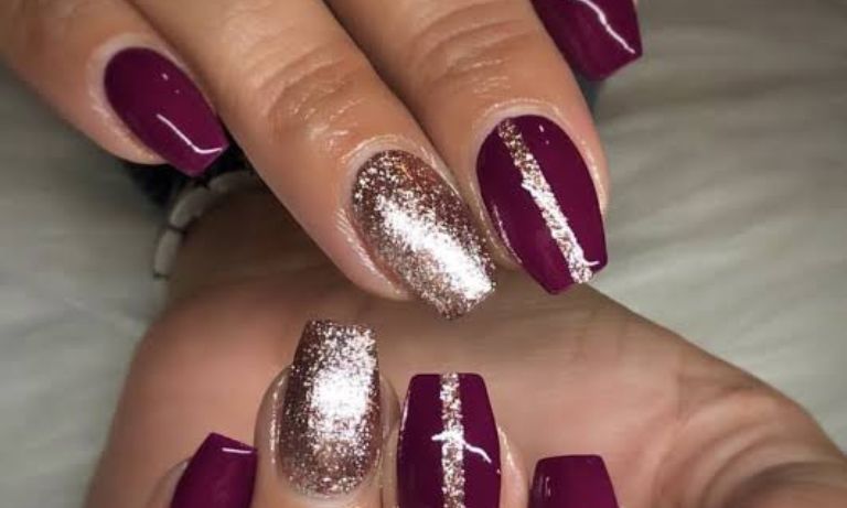 Wine color nails with silver