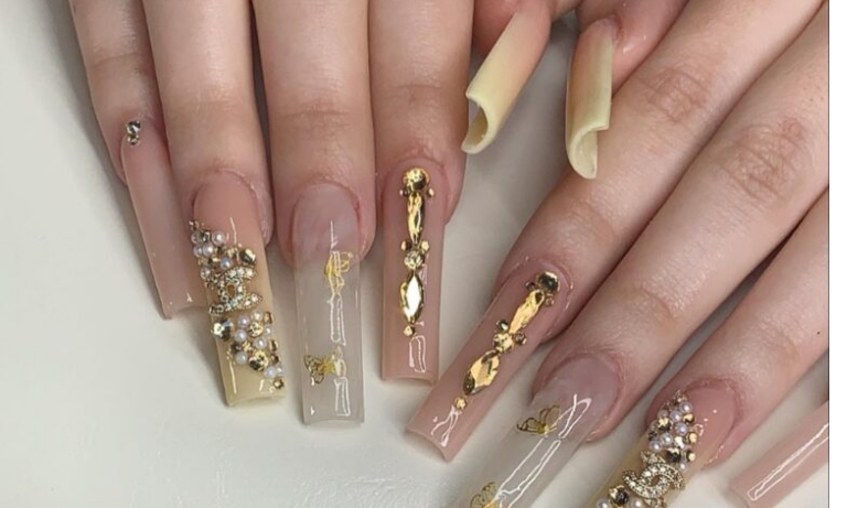 Gold Ombré and Charms Baddie Nails
