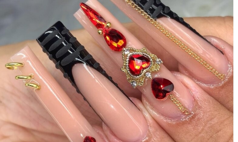 Valentine-themed Coffin Baddie Nails